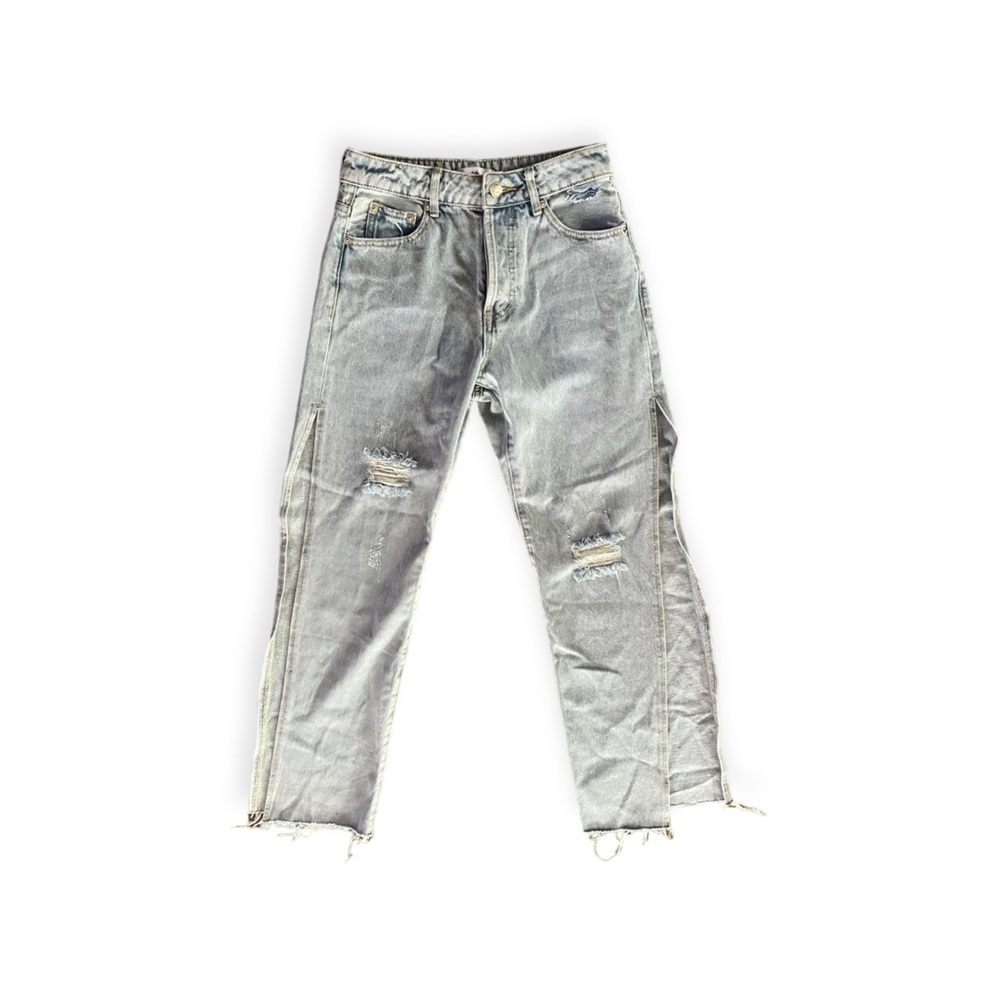 Adika jeans slit leg button front relaxed straight denim small ripped distressed
